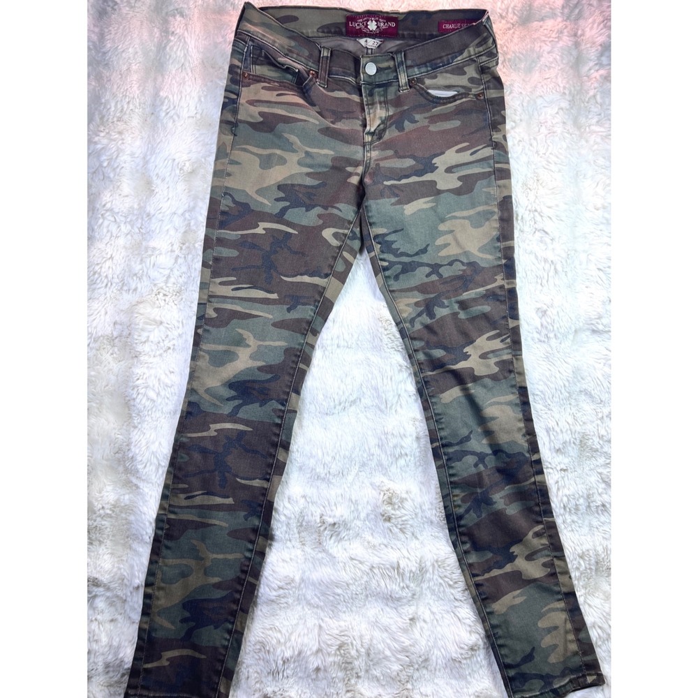 Lucky Brand Charlie Skinny Camo Jeans Women 4/27 Green Brown Camouflage Pant A3